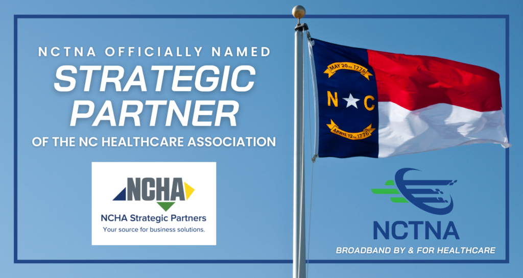 NC FLAG WAVING IN WIND TEXT SAYS NCTNA OFFICIALLY NAMED STRATEGIC PARTNER OF THE NCHA